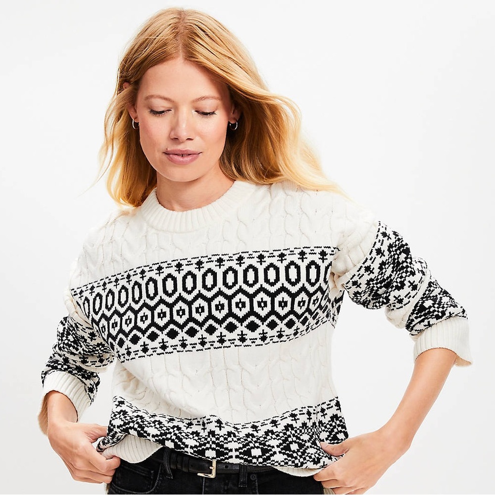 LOFT Striped Black & White Women’s Small Fair Isle Cable Knit Cotton Sweater